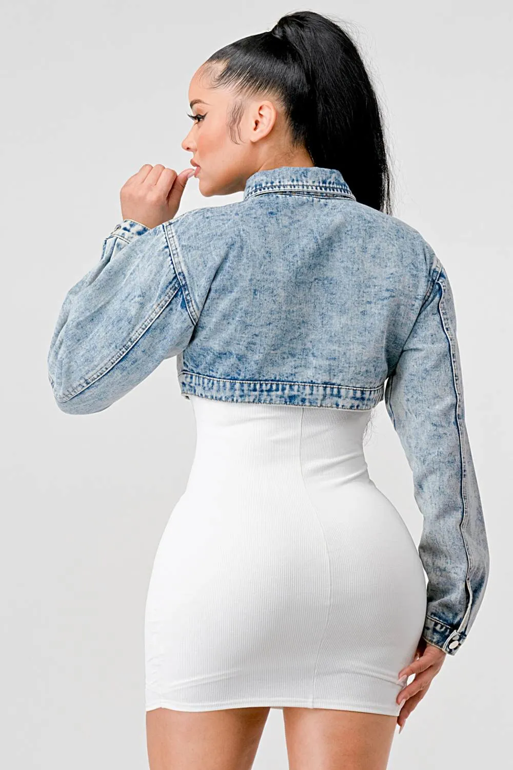 SEXY DENIM COLLARED BUTTON DOWN CROPPED JACKET