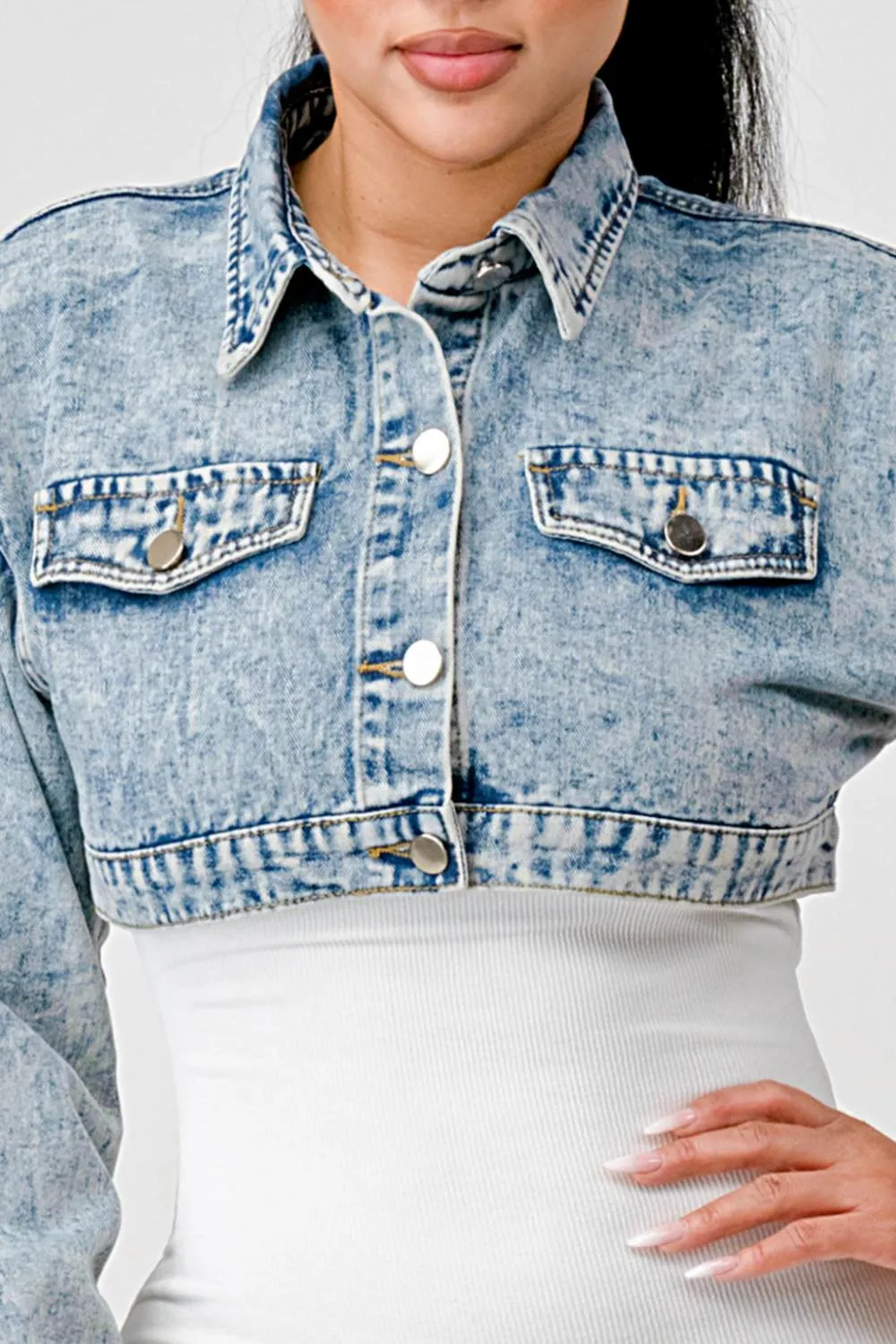 SEXY DENIM COLLARED BUTTON DOWN CROPPED JACKET