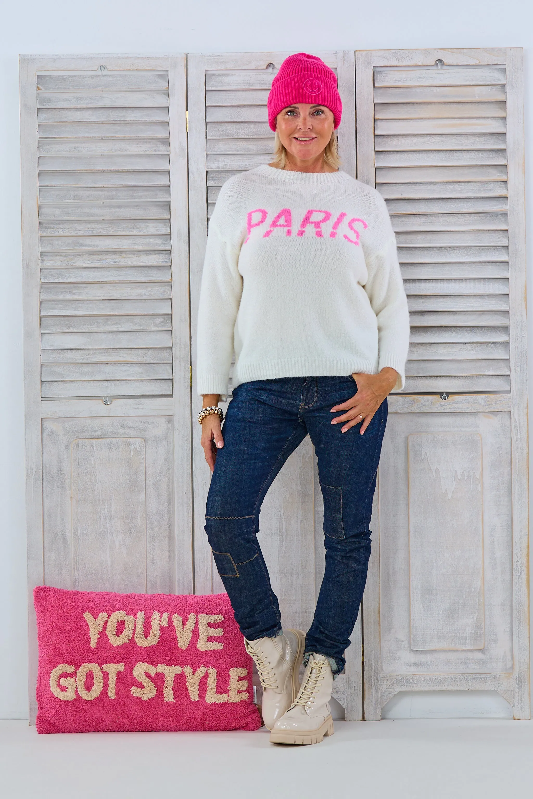 Strickpulli mit eingestricktem Schriftzug, ecru-pink