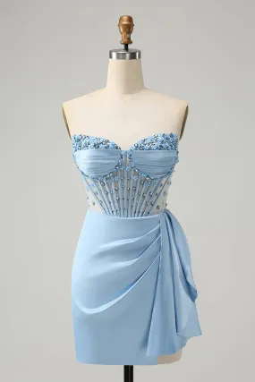 Stylish Blue Bodycon Sweetheart Pleated Corset Short Homecoming Dress with Beading