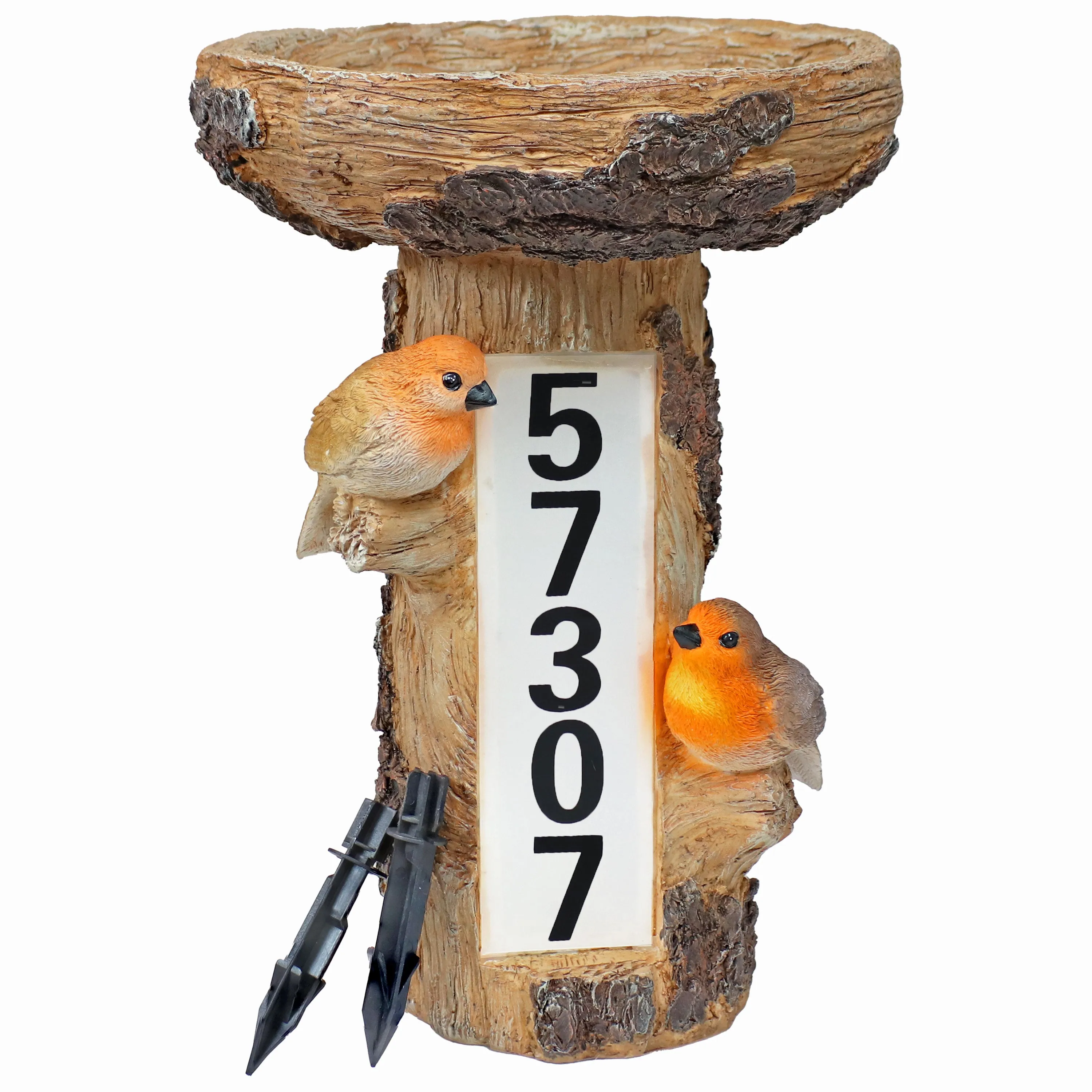 Sunnydaze Staked Country Tree Stump Bird Bath with Solar Address Plate - 15.5"