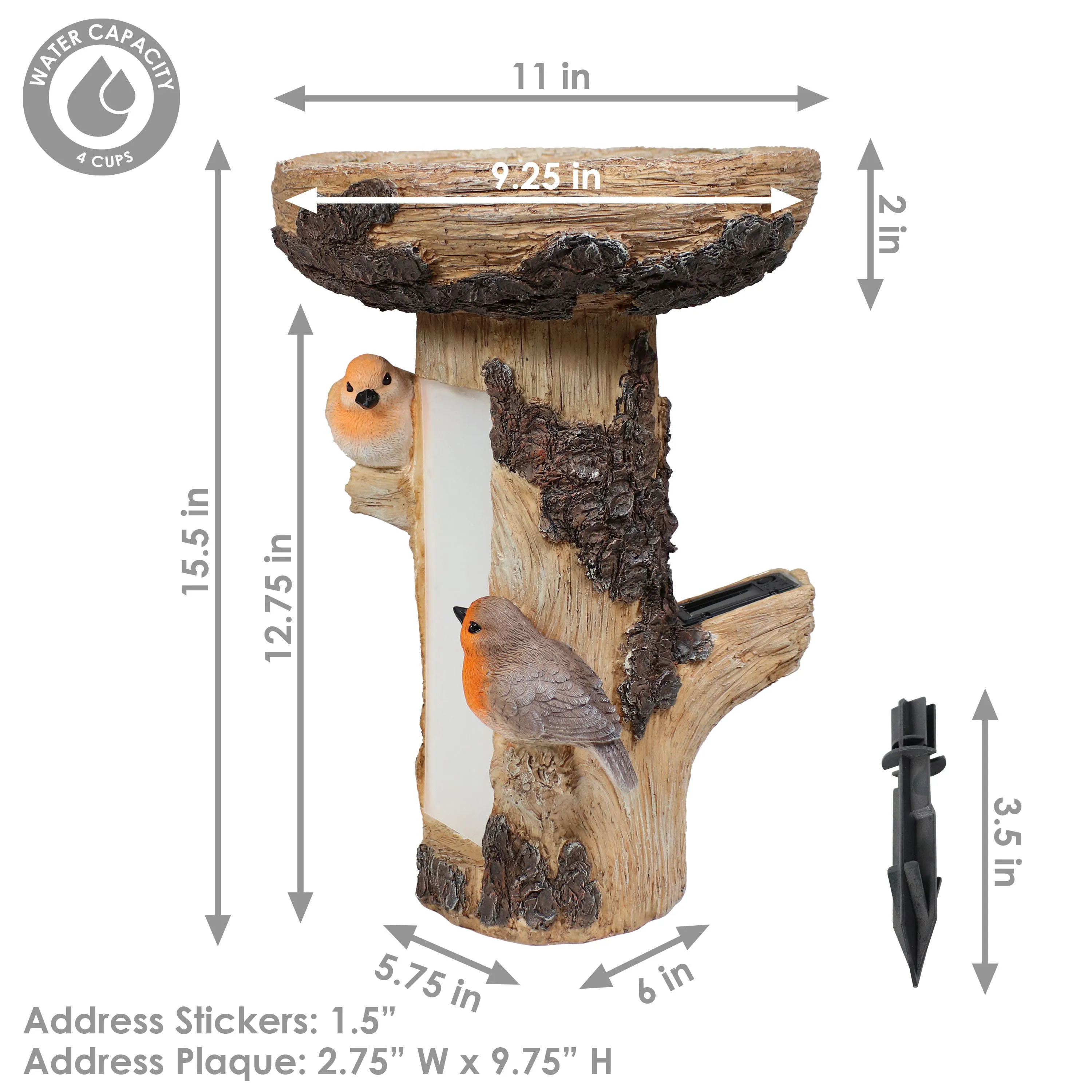 Sunnydaze Staked Country Tree Stump Bird Bath with Solar Address Plate - 15.5"