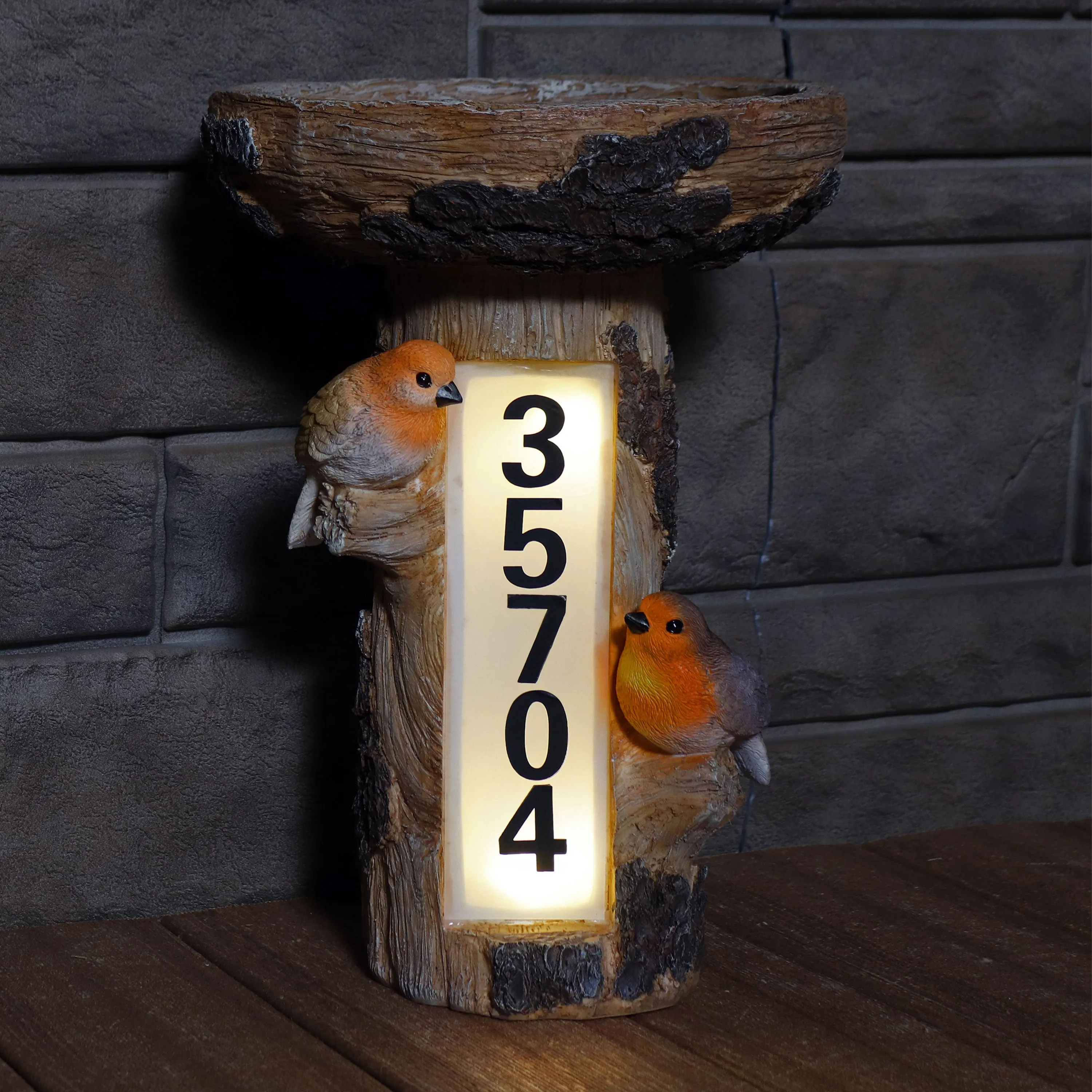 Sunnydaze Staked Country Tree Stump Bird Bath with Solar Address Plate - 15.5"