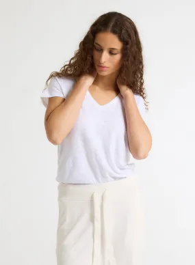 T-shirt Blanc Col V Manches Courtes en Lin et Elasthanne