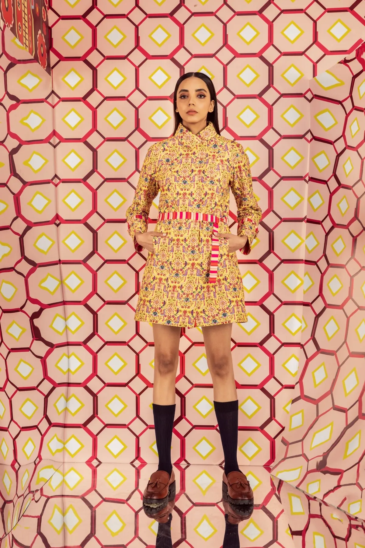 Tabriz Yellow Print Quilted Jacket Dress In Handloom Organic Cotton Silk