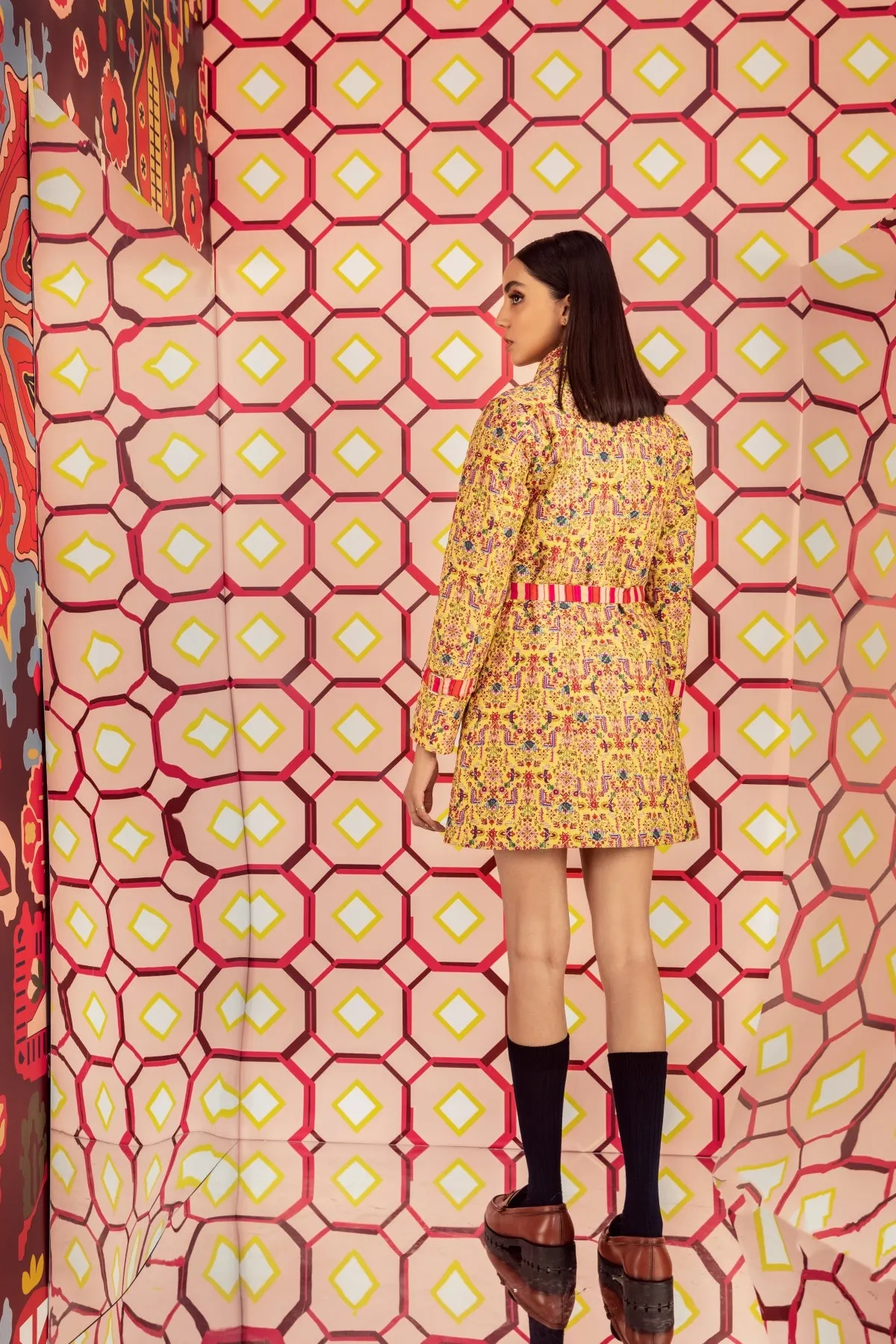 Tabriz Yellow Print Quilted Jacket Dress In Handloom Organic Cotton Silk