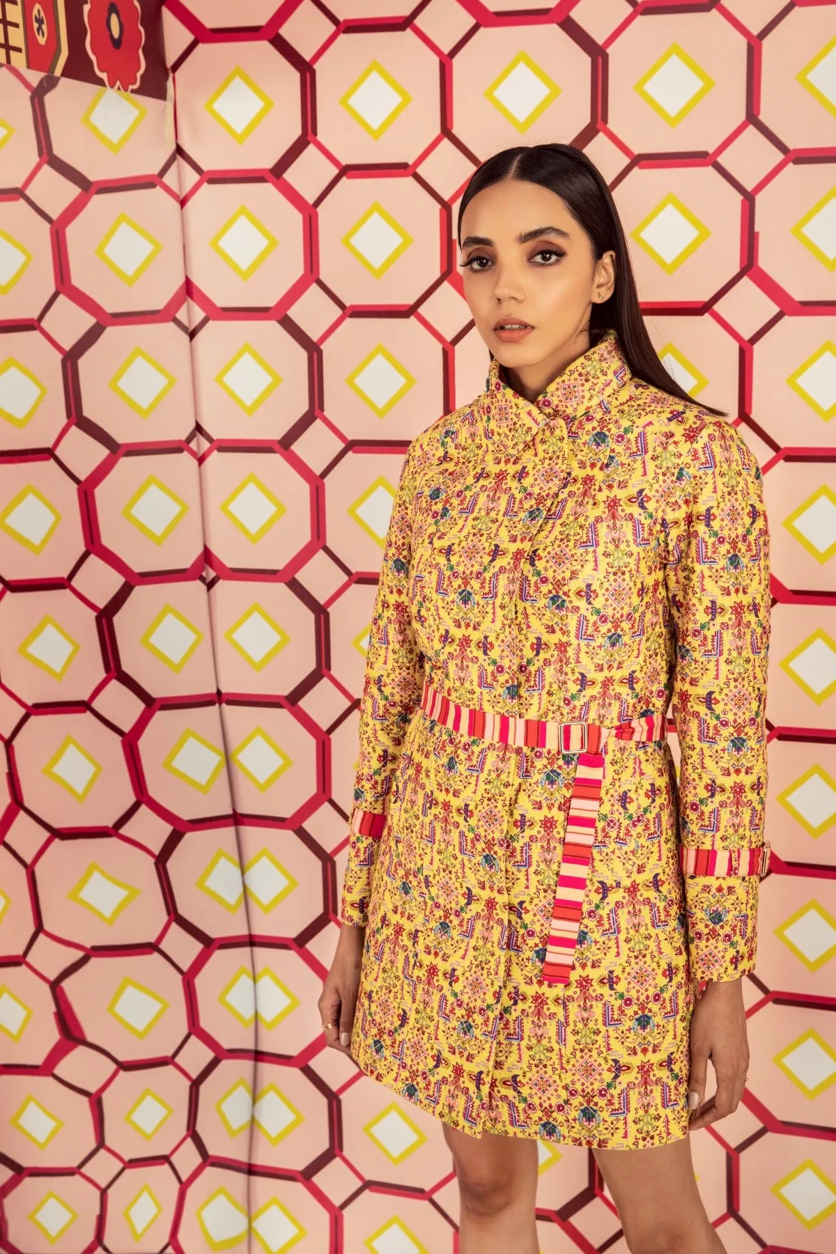 Tabriz Yellow Print Quilted Jacket Dress In Handloom Organic Cotton Silk