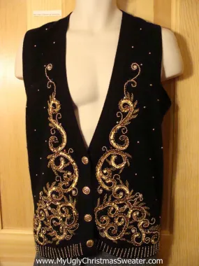 Tacky Bling Ugly Christmas Sweater Vest with Gold Horrid Bling (f713)