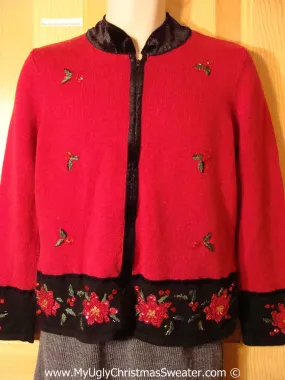 Tacky Christmas Sweater Party Ugly Sweater with Festive Ivy and Poinsettias (f852)