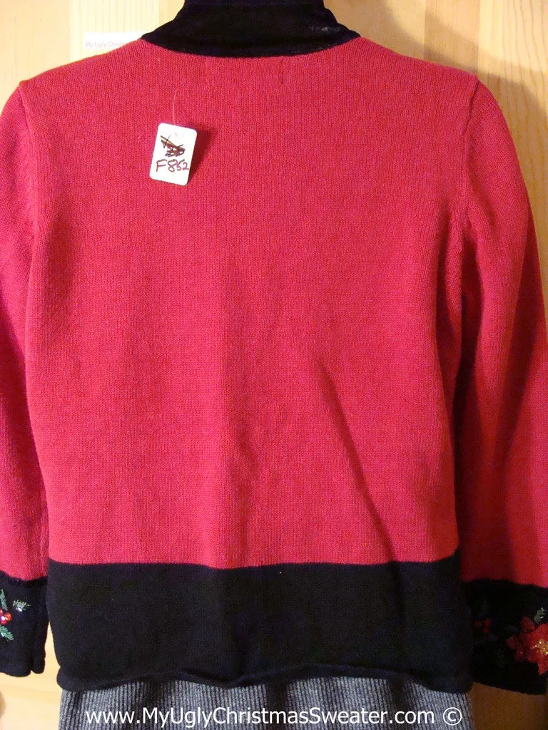 Tacky Christmas Sweater Party Ugly Sweater with Festive Ivy and Poinsettias (f852)