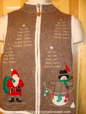 Tacky Ugly Christmas Sweater Vest with Santa and a Snowman (f236)