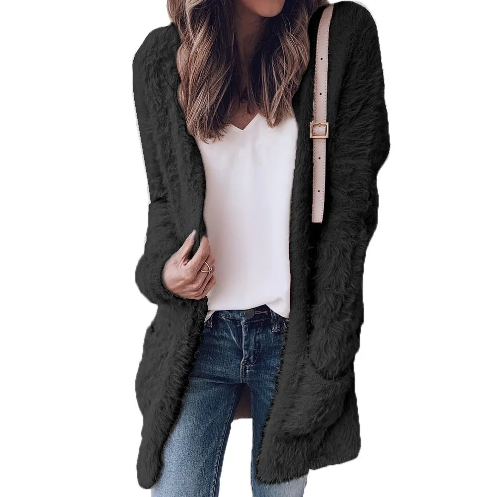 Teddy Solid Colors Two Pockets Women Boyfriend Style Oversized Cardigan Coat