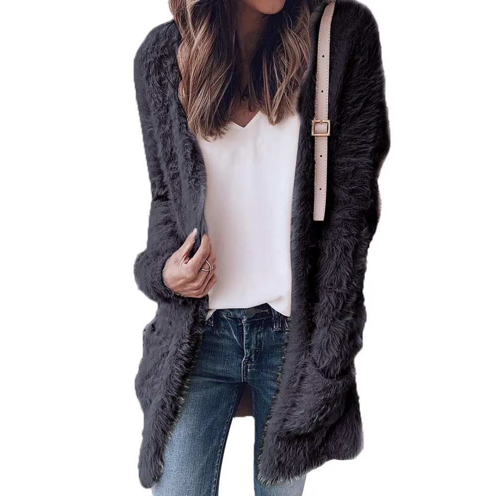 Teddy Solid Colors Two Pockets Women Boyfriend Style Oversized Cardigan Coat