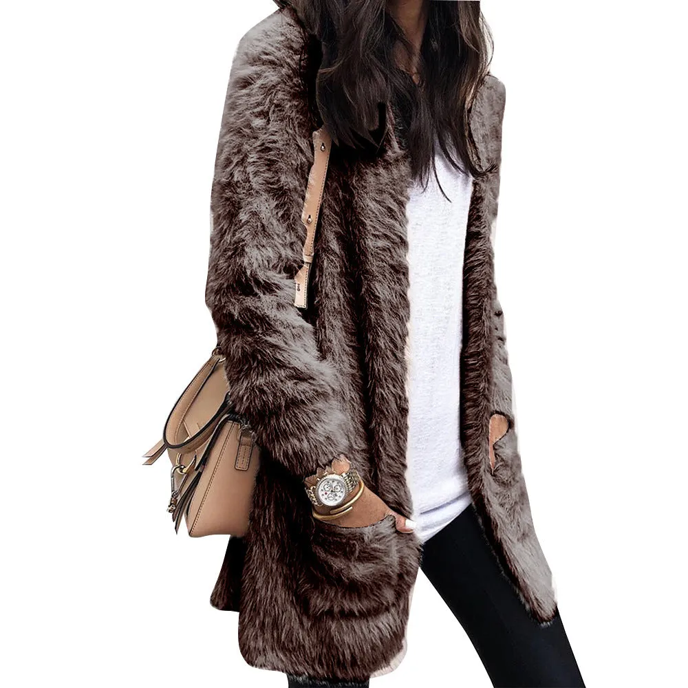 Teddy Solid Colors Two Pockets Women Boyfriend Style Oversized Cardigan Coat