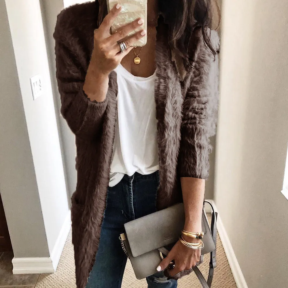 Teddy Solid Colors Two Pockets Women Boyfriend Style Oversized Cardigan Coat