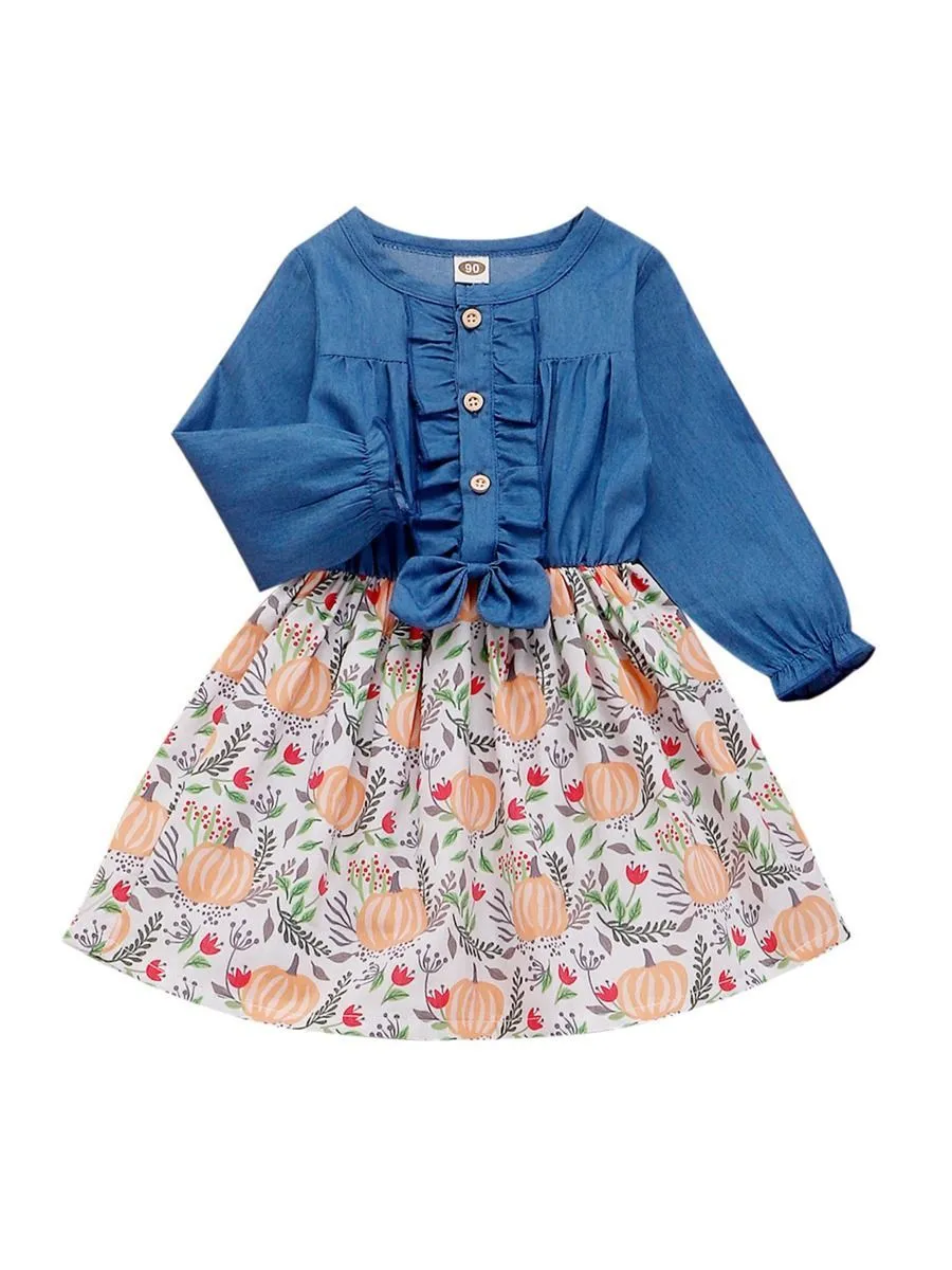 Thanksgiving Day Pumpkin Patchwork Frilled Bow Dress