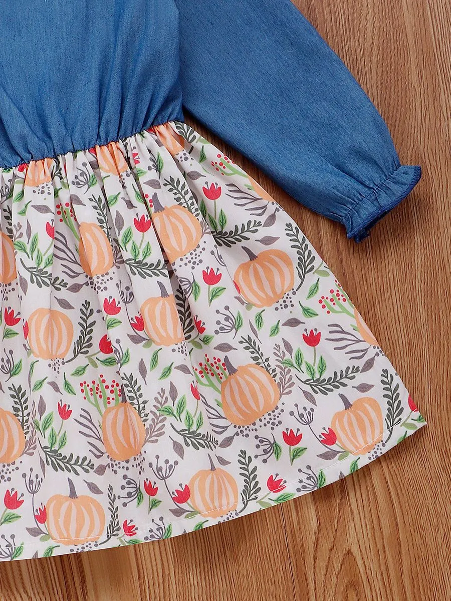 Thanksgiving Day Pumpkin Patchwork Frilled Bow Dress