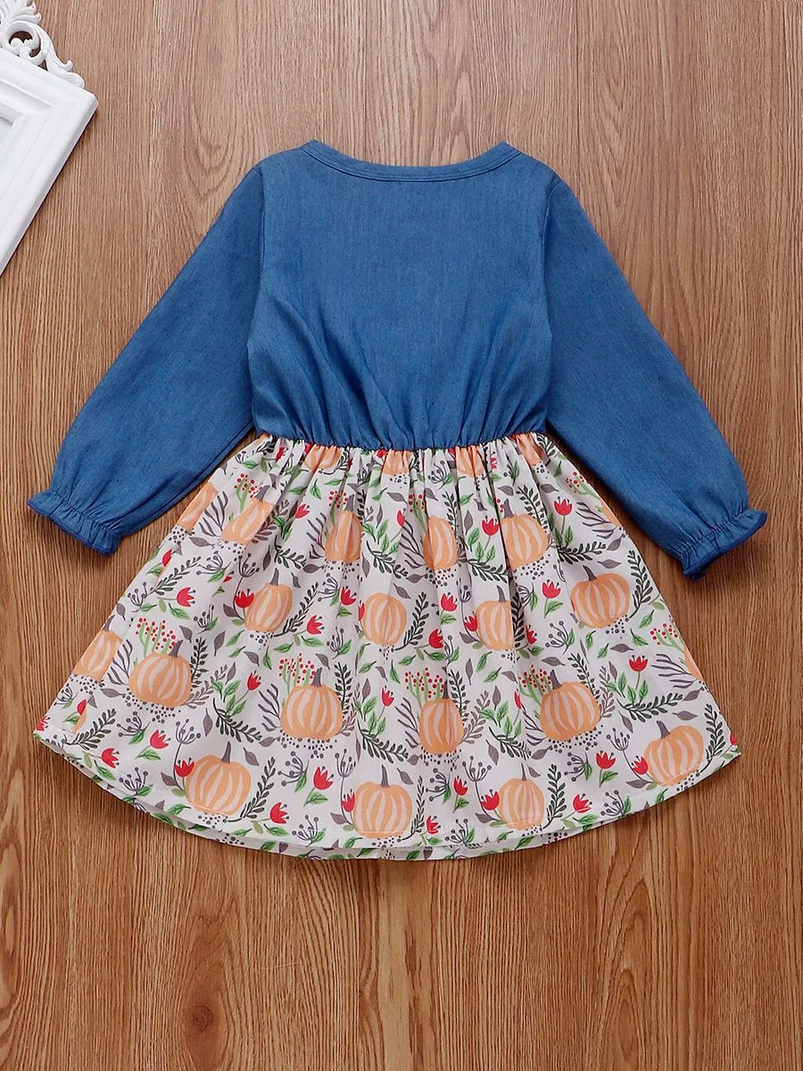 Thanksgiving Day Pumpkin Patchwork Frilled Bow Dress