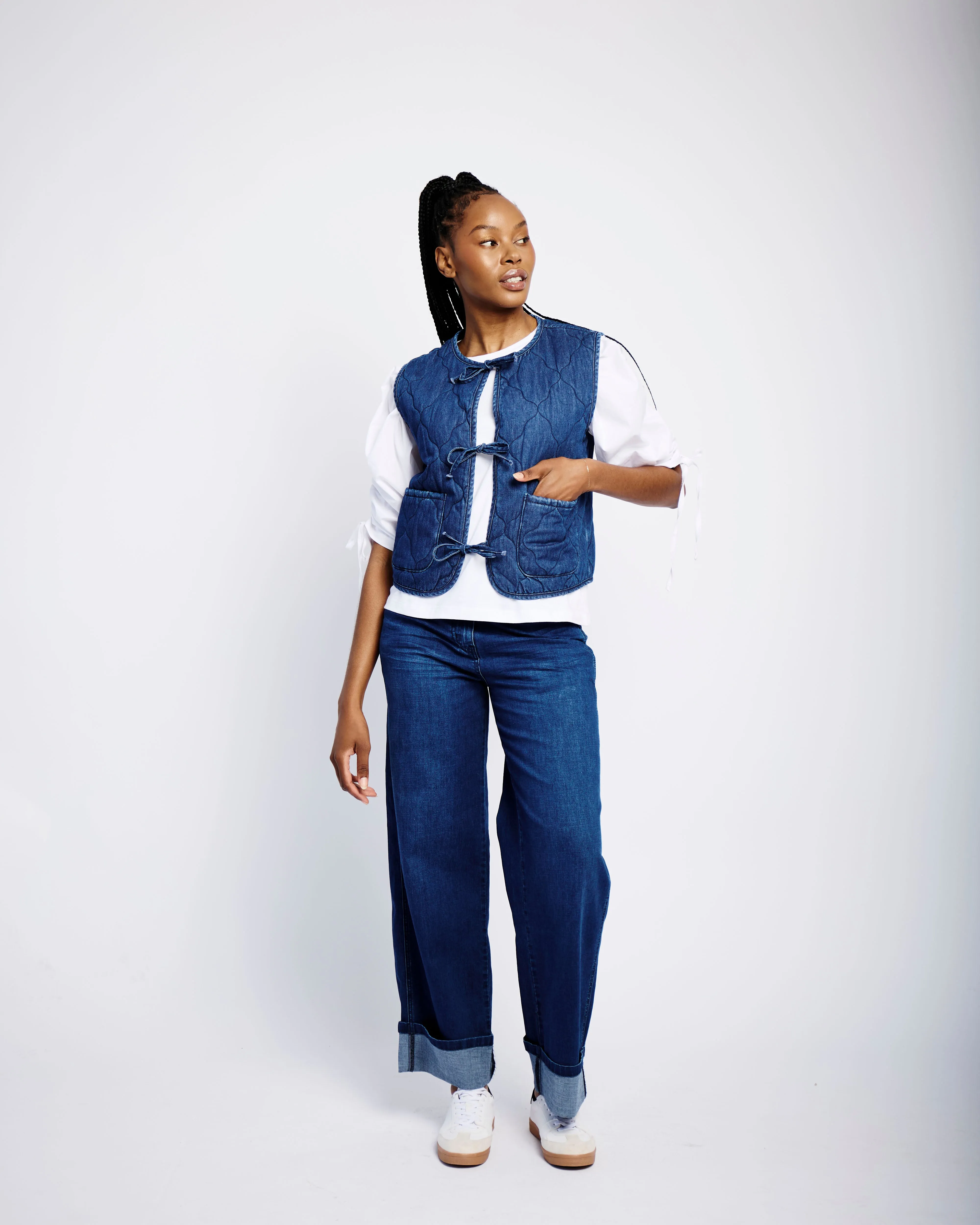 Tie Front Quilted Gilet in Denim