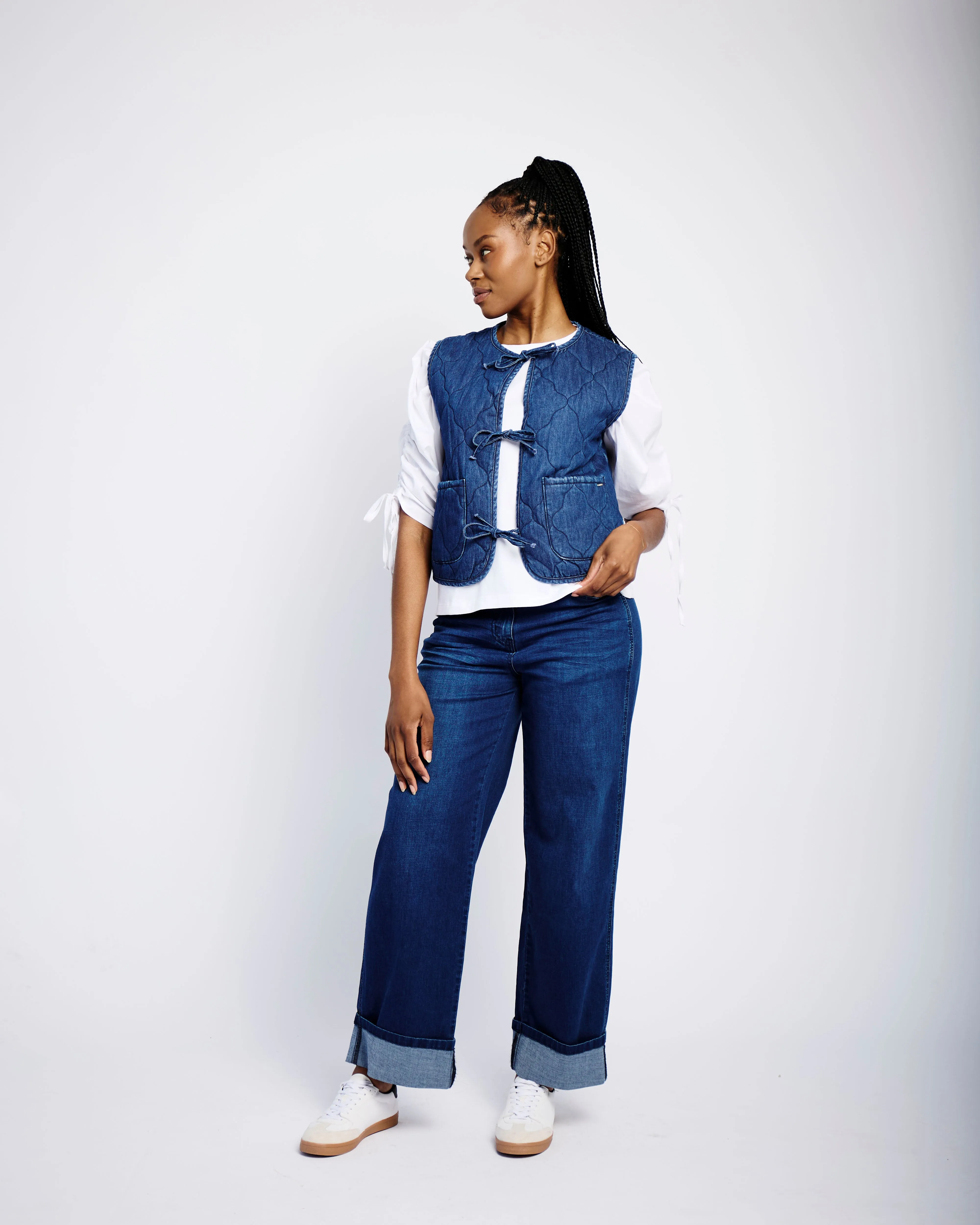 Tie Front Quilted Gilet in Denim