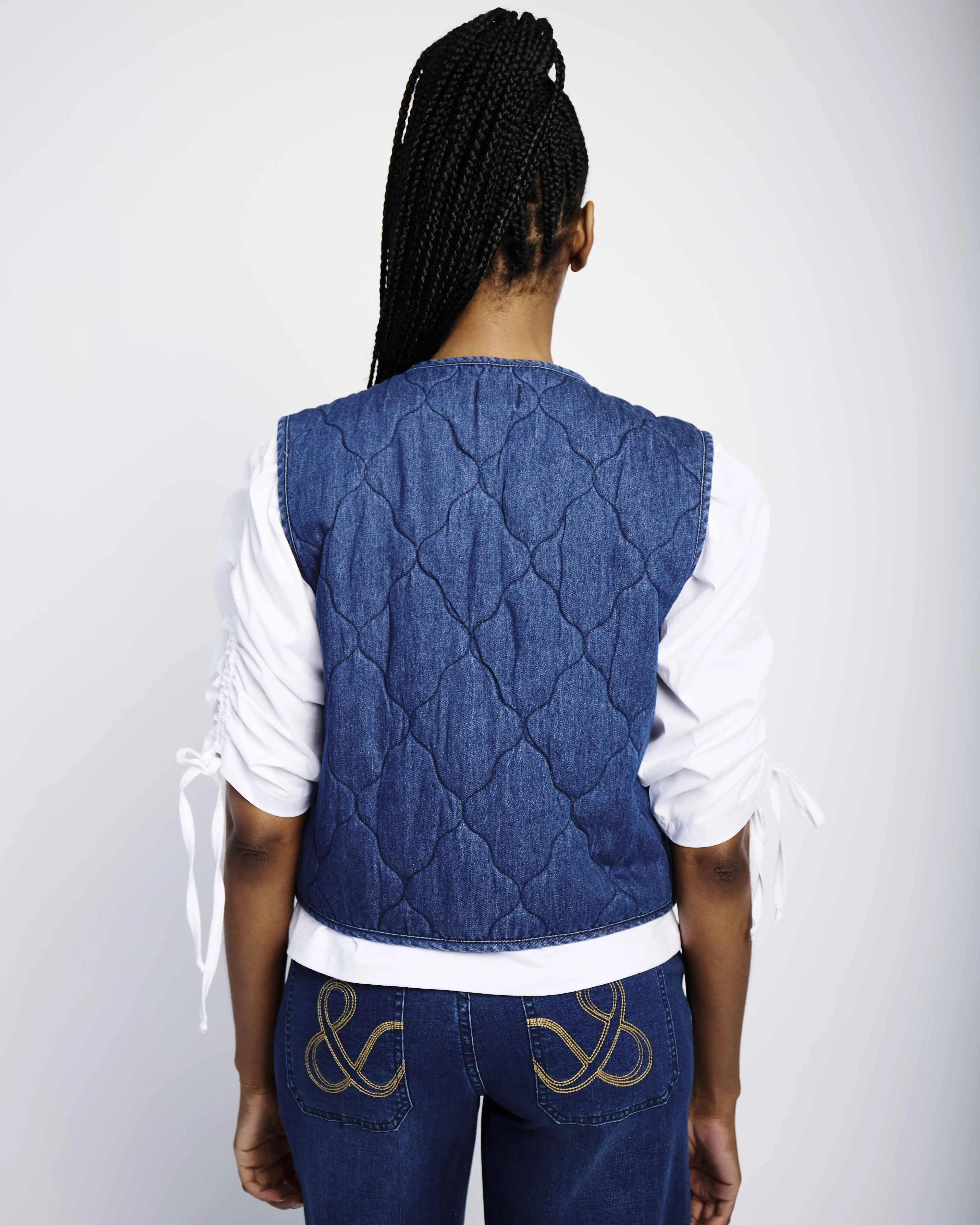 Tie Front Quilted Gilet in Denim
