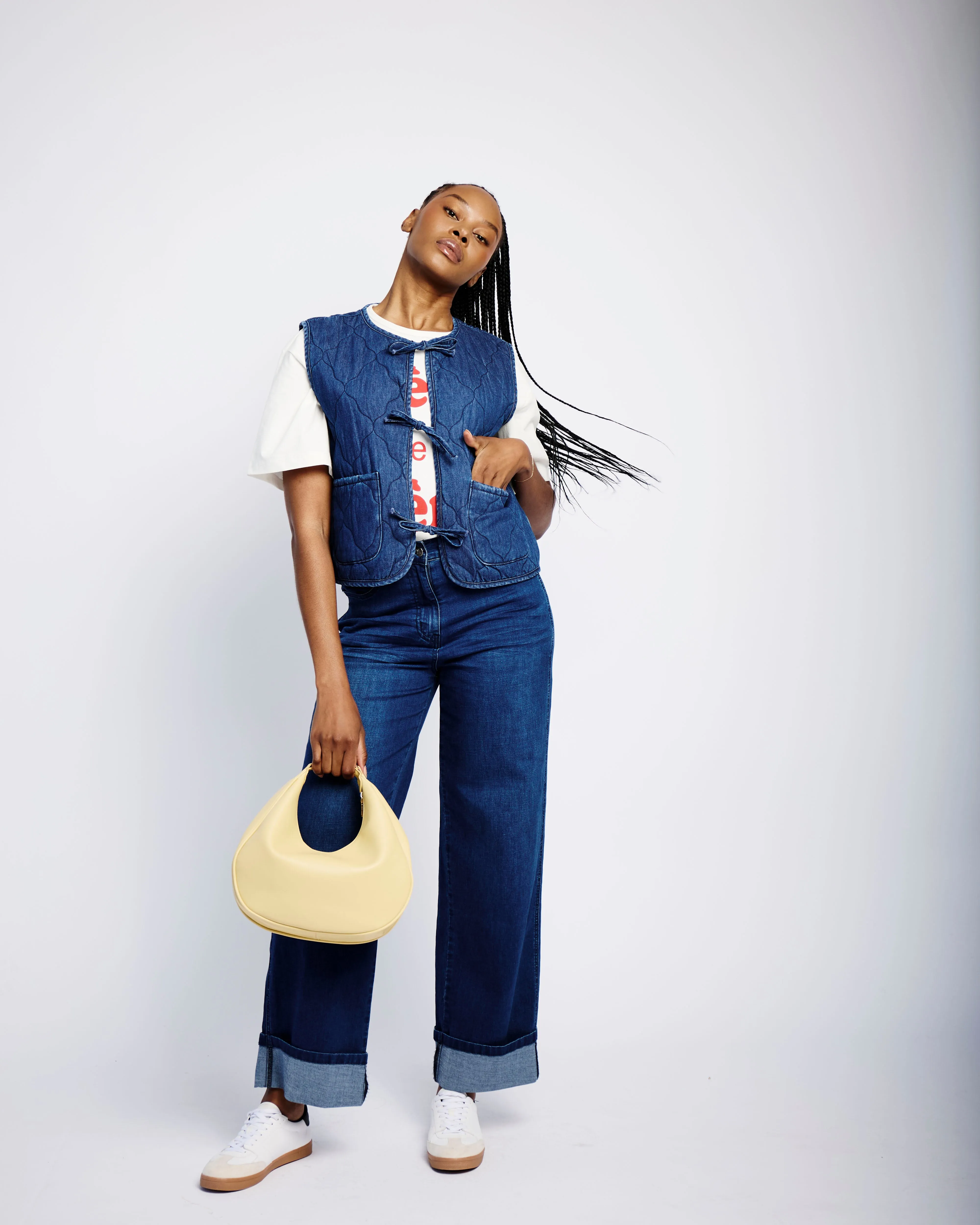 Tie Front Quilted Gilet in Denim