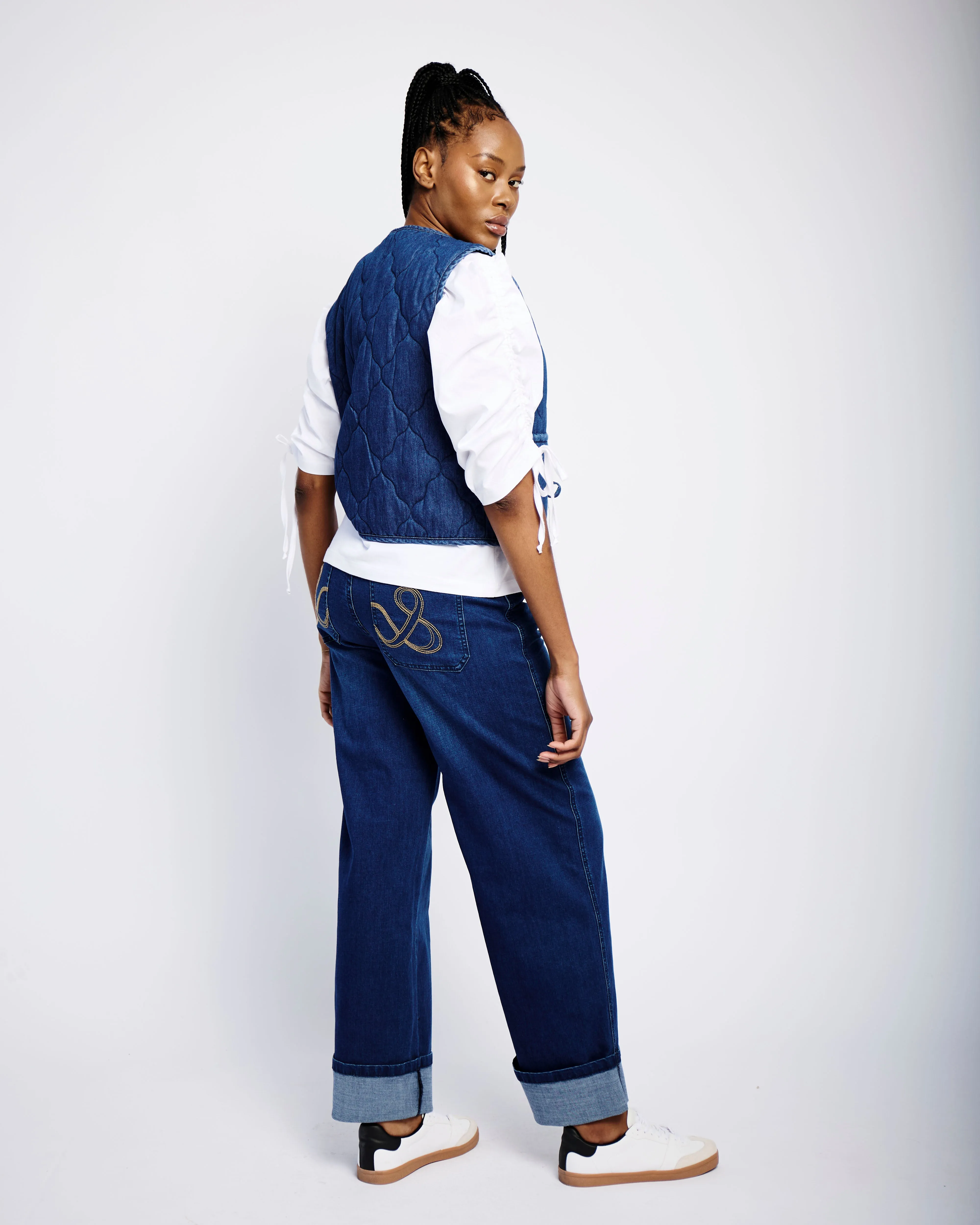 Tie Front Quilted Gilet in Denim