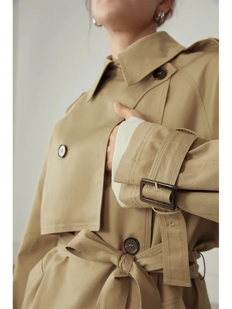 Trendy Khaki Causal Belt  Cotton Turn Down Collar Top