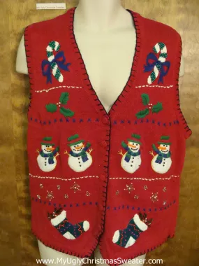 Ugly Red Christmas Sweater Vest with Snowmen and Candycanes