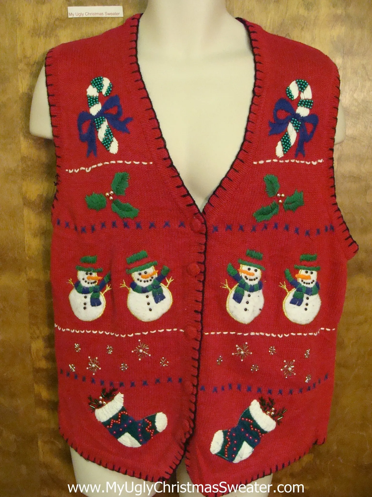 Ugly Red Christmas Sweater Vest with Snowmen and Candycanes