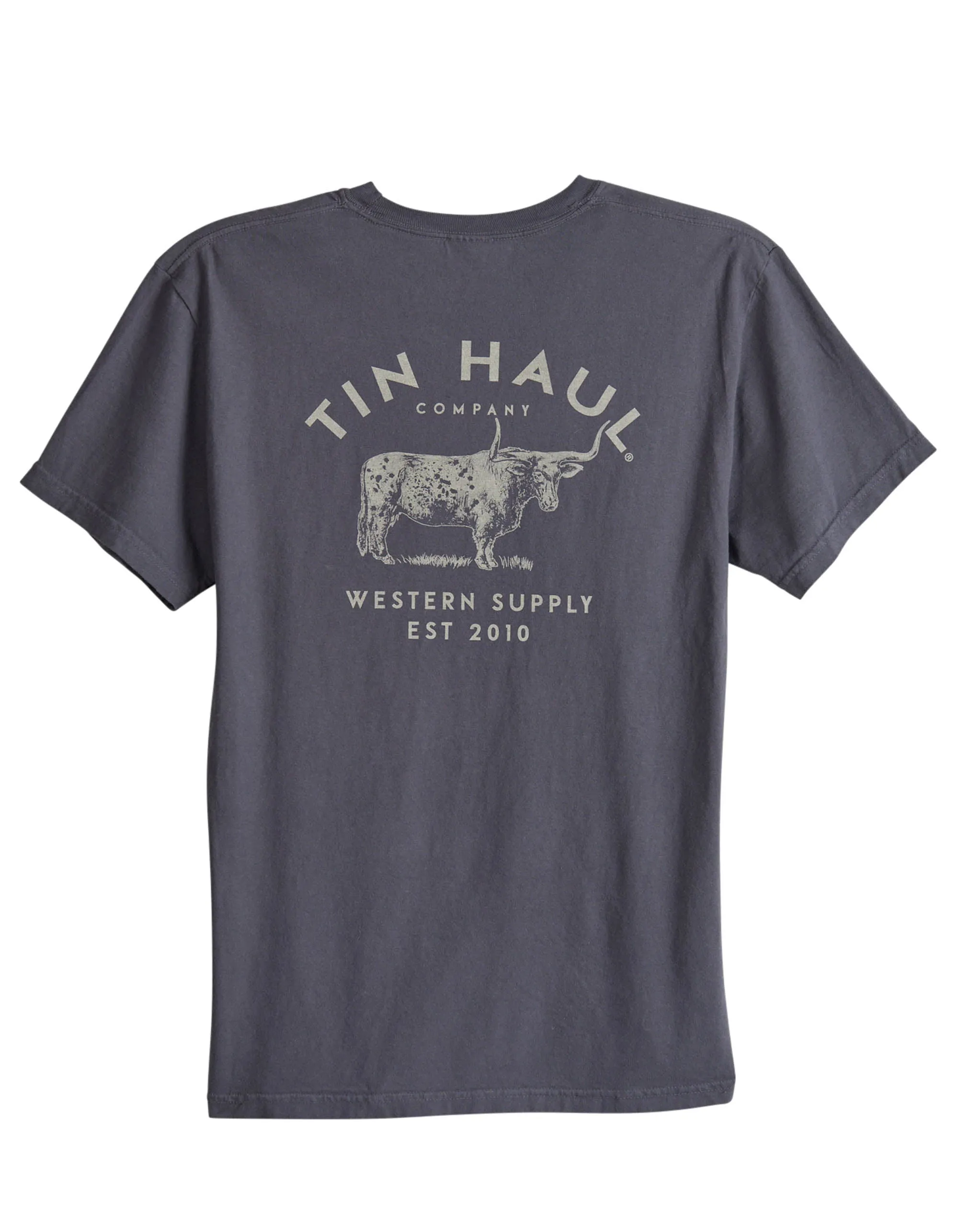 UNISEX SHORT SLEEVE TIN HAUL WESTERN SUPPLY BULL BACK SCREEN T SHIRT HEAVYWEIGHT GRAPHITE  WITH FRONT SCREEN