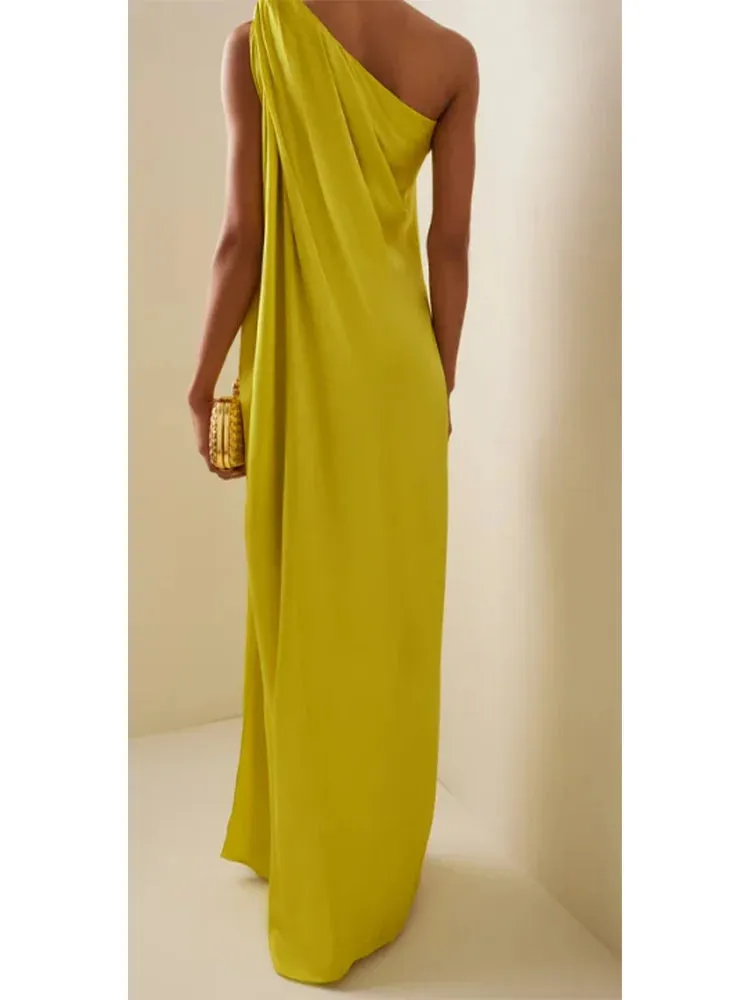 Uniwim Plus Size Satin Evening Dresses One Shoulder Formal Party Gown Long Maxi Dress Temperament High Split Dress for Women Vestidos
