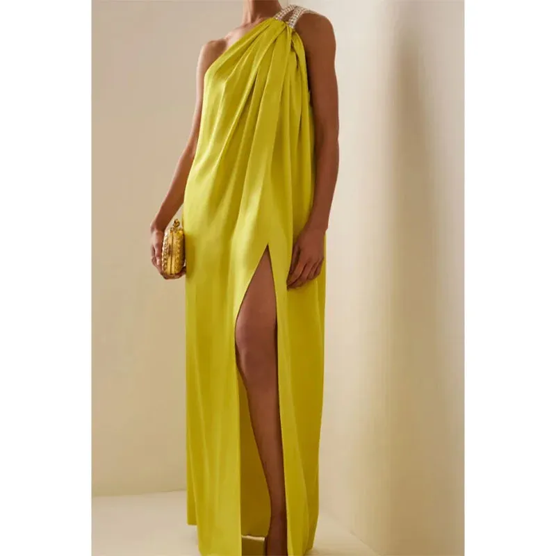 Uniwim Plus Size Satin Evening Dresses One Shoulder Formal Party Gown Long Maxi Dress Temperament High Split Dress for Women Vestidos