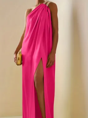 Uniwim Plus Size Satin Evening Dresses One Shoulder Formal Party Gown Long Maxi Dress Temperament High Split Dress for Women Vestidos