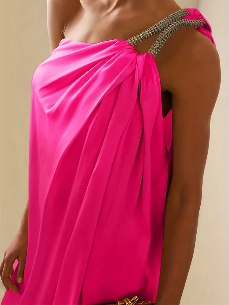 Uniwim Plus Size Satin Evening Dresses One Shoulder Formal Party Gown Long Maxi Dress Temperament High Split Dress for Women Vestidos