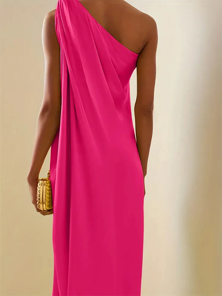 Uniwim Plus Size Satin Evening Dresses One Shoulder Formal Party Gown Long Maxi Dress Temperament High Split Dress for Women Vestidos