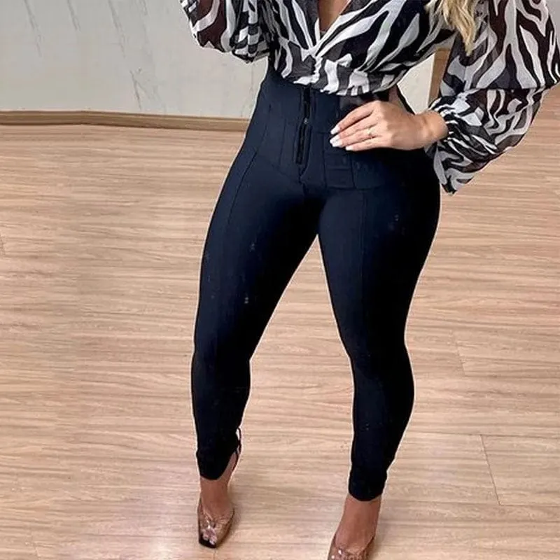 V Neck Long Sleeve Top and Slim Tight Pants Set