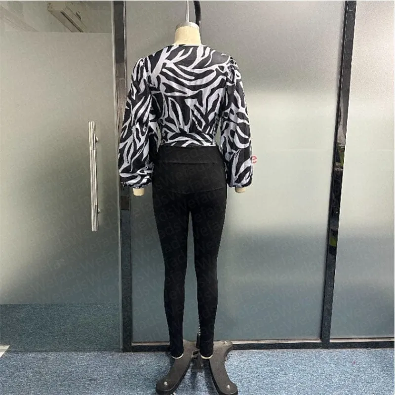 V Neck Long Sleeve Top and Slim Tight Pants Set