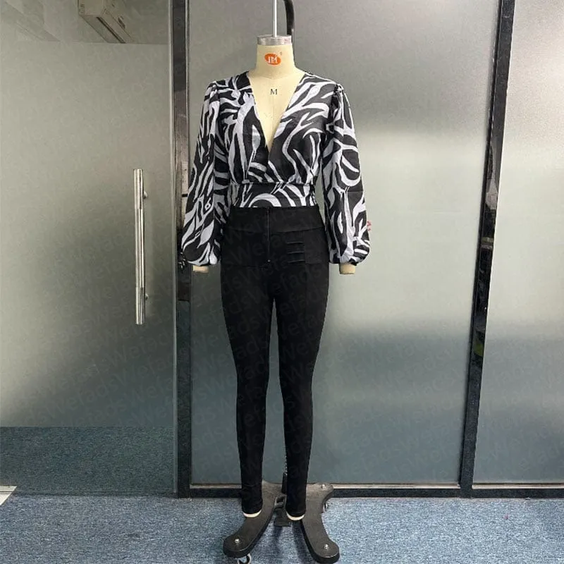V Neck Long Sleeve Top and Slim Tight Pants Set