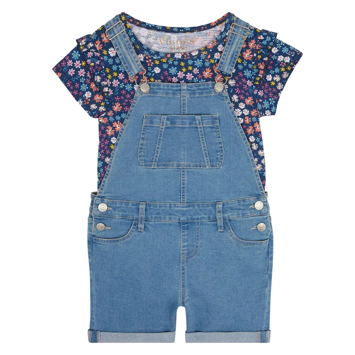 Vigoss Youth Girl's 2-Piece Cotton T-Shirt and Denim Overall Shortall Set