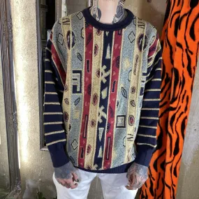 Vintage Men's Oversized Knit Multicolor Long Sleeve Ribbed Cuffs Pullover Sweater