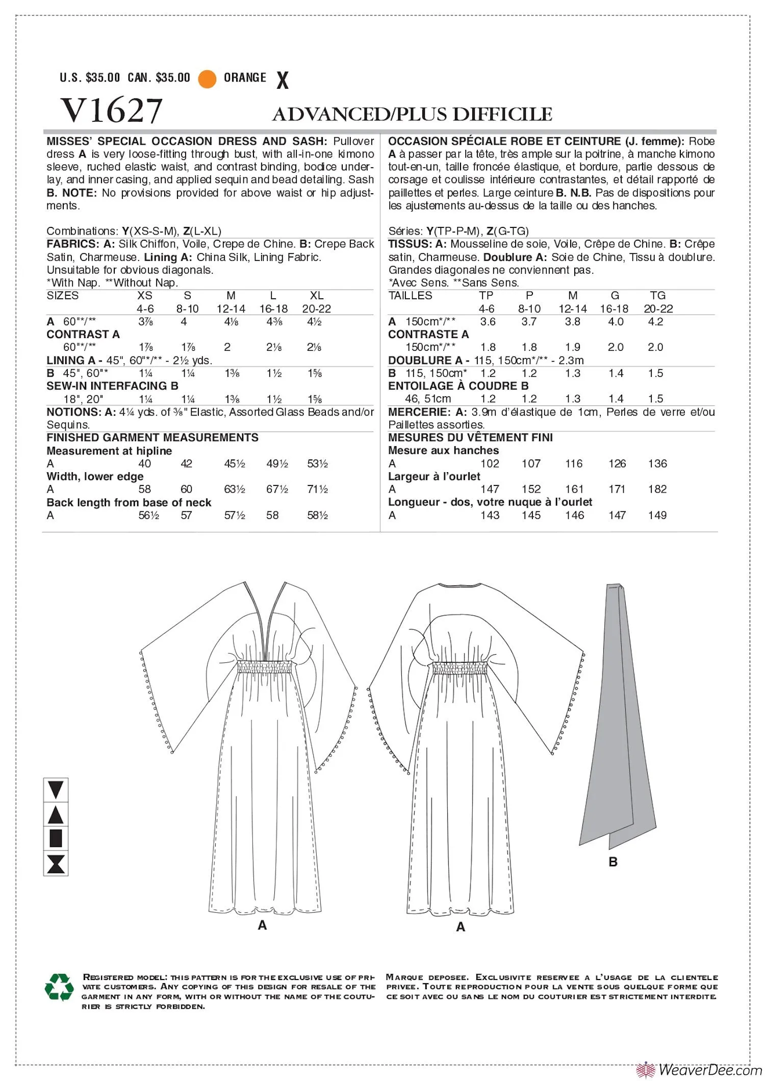 Vogue Pattern V1627 Misses' Special Occasion Dress & Sash
