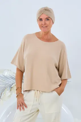 Weicher Kurzarm Pulli mit Rundhals-Ausschnitt, beige