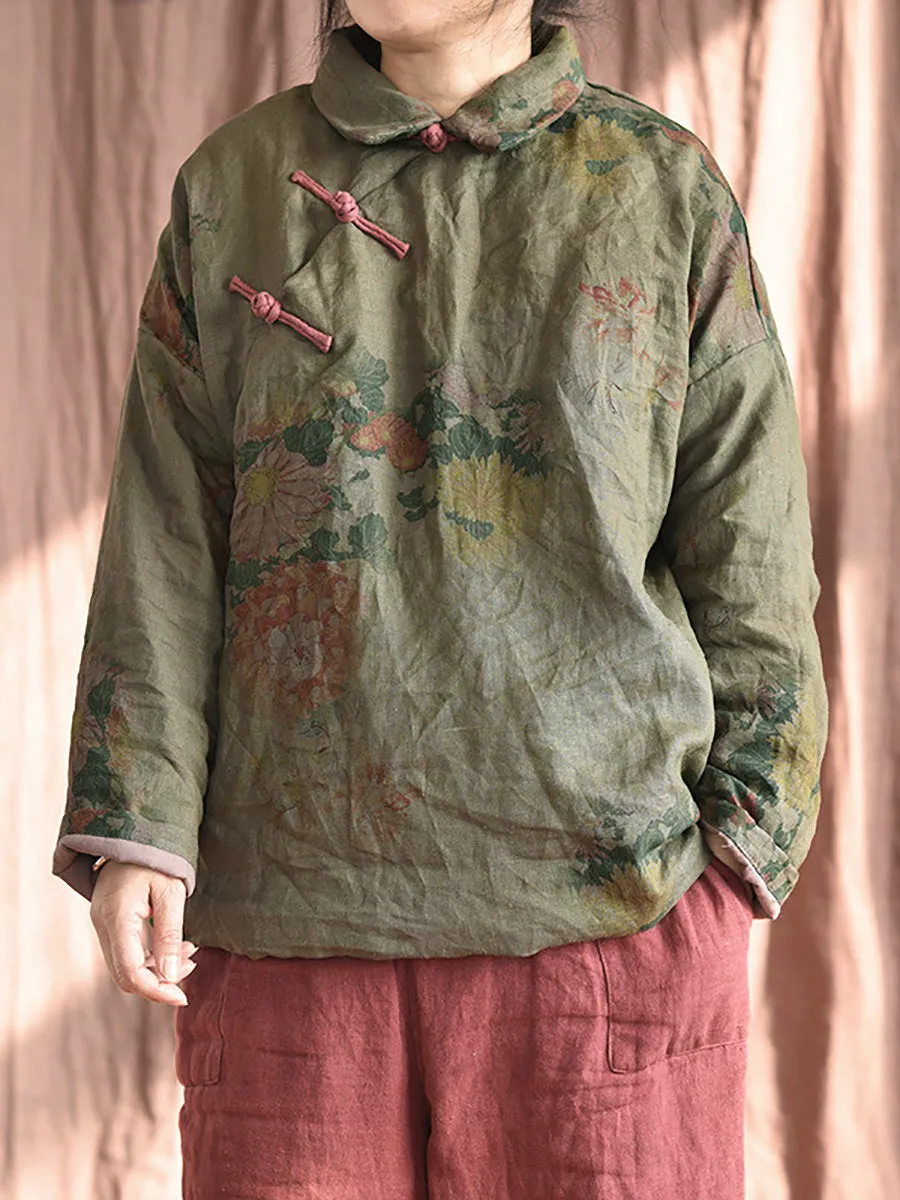 Women Ethnic Print Linen Padded Coat