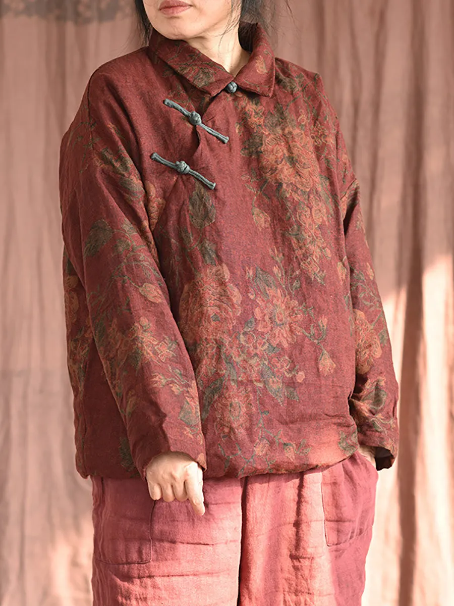 Women Ethnic Print Linen Padded Coat