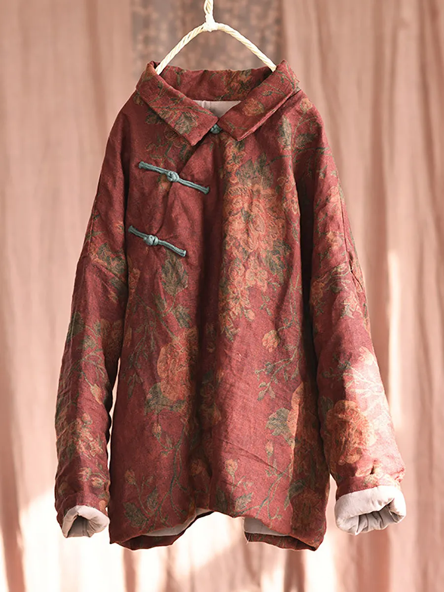 Women Ethnic Print Linen Padded Coat