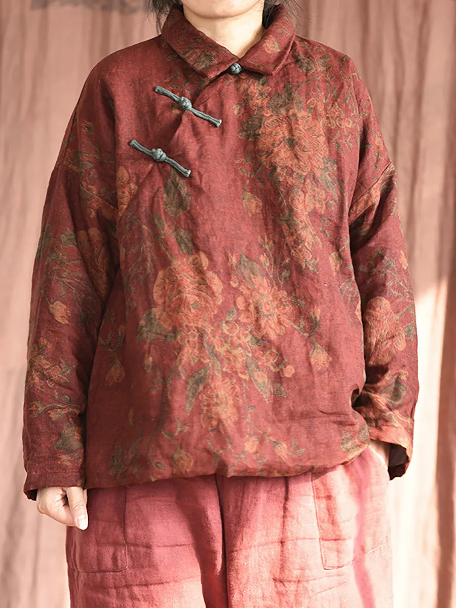 Women Ethnic Print Linen Padded Coat