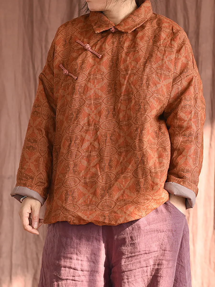 Women Ethnic Print Linen Padded Coat