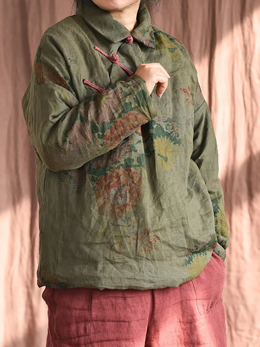 Women Ethnic Print Linen Padded Coat