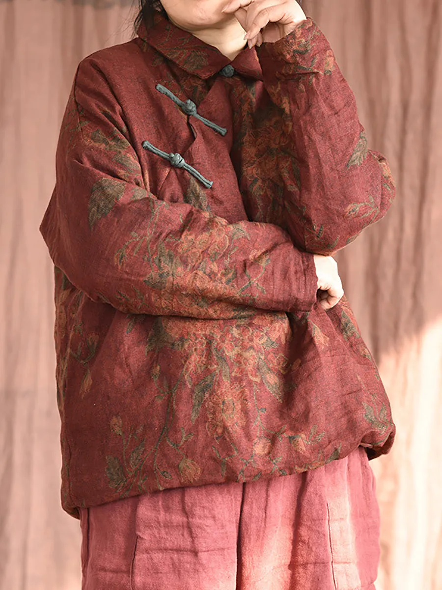 Women Ethnic Print Linen Padded Coat